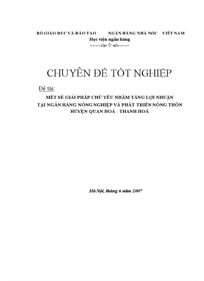 Một số giải pháp chủ yếu nhằm tăng lợi nhuận tại ngân hàng nông nghiệp và phát triển nông thôn huyện Quan Hoá Thanh HOá