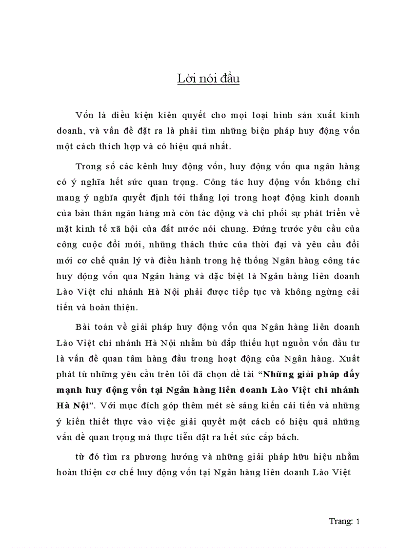 Những giải pháp đẩy mạnh huy động vốn tại Ngân hàng liên doanh Lào Việt chi nhánh Hà Nội 1