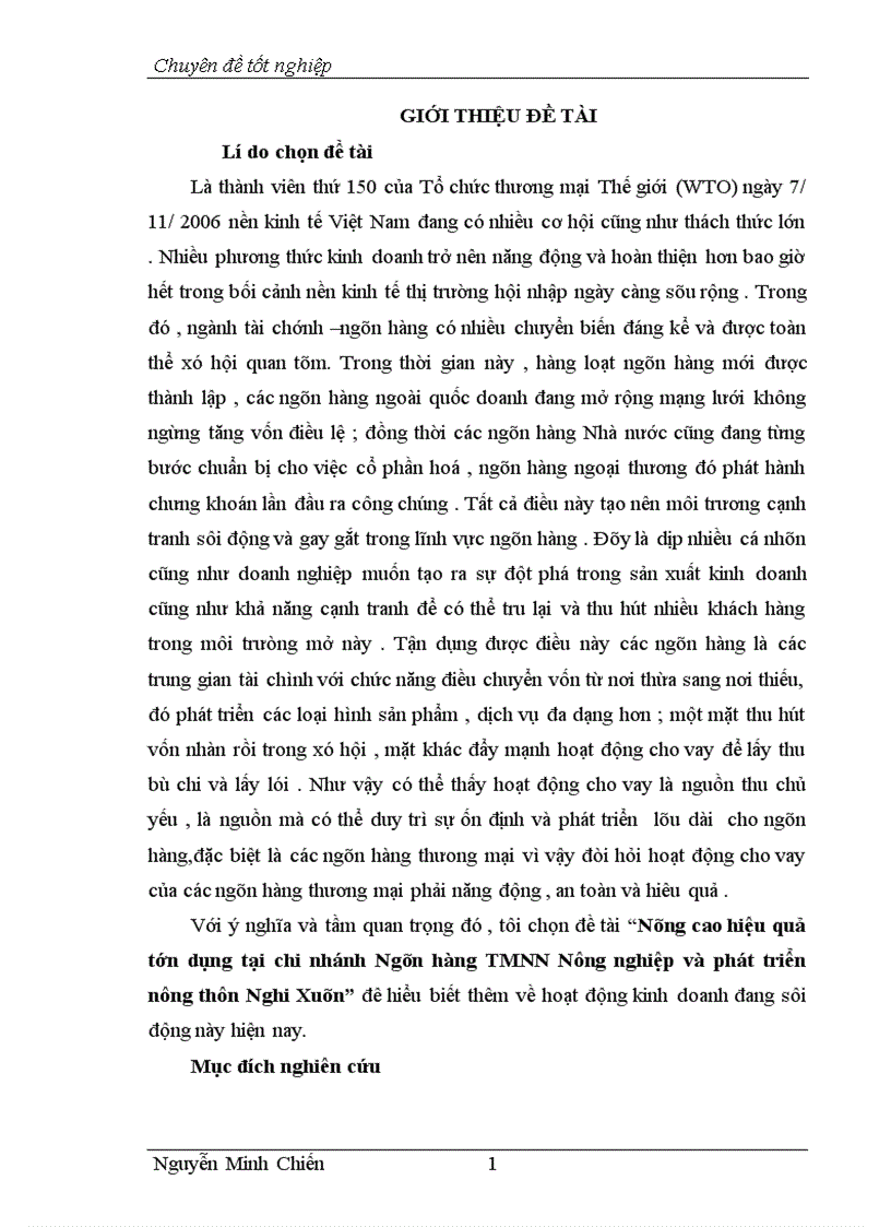 Nâng cao hiệu quả tín dụng tại chi nhánh Ngân hàng TMNN Nông nghiệp và phát triển nông thôn Nghi Xuân 1