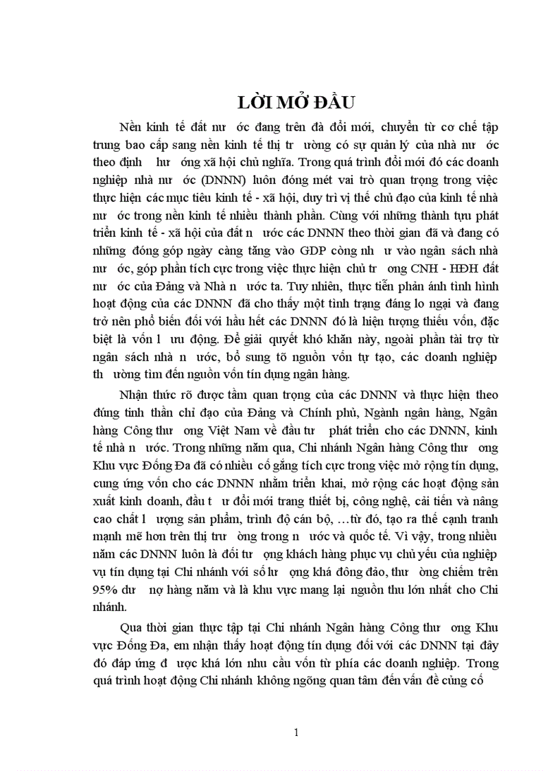 Giải pháp nâng cao chất lươợng tín dụng khi cho vay doanh nghiệp Nhà nước tại Chi nhánh Ngân hàng Công thương Khu vực Đống Đa 1