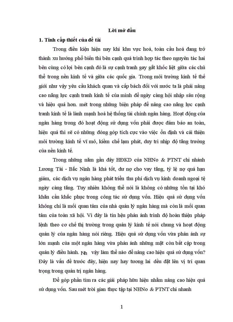 Giải pháp nhằm nâng cao hiệu quả sử dụng vốn tại Ngân hàng nông nghiệp và phát triển nông thôn chi nhánh Lương Tài Bắc Ninh 1
