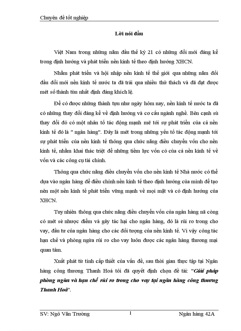 Giải pháp phòng ngừa và hạn chế rủi ro trong cho vay tại ngân hàng công thương Thanh Hoá 1