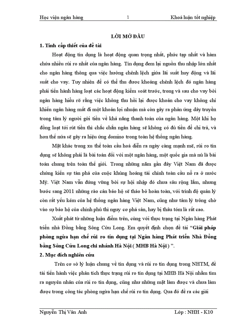 Giải pháp phòng ngừa hạn chế rủi ro tín dụng tại Ngân hàng Phát triển Nhà Đồng bằng Sông Cửu Long chi nhánh Hà Nội MHB Hà Nội