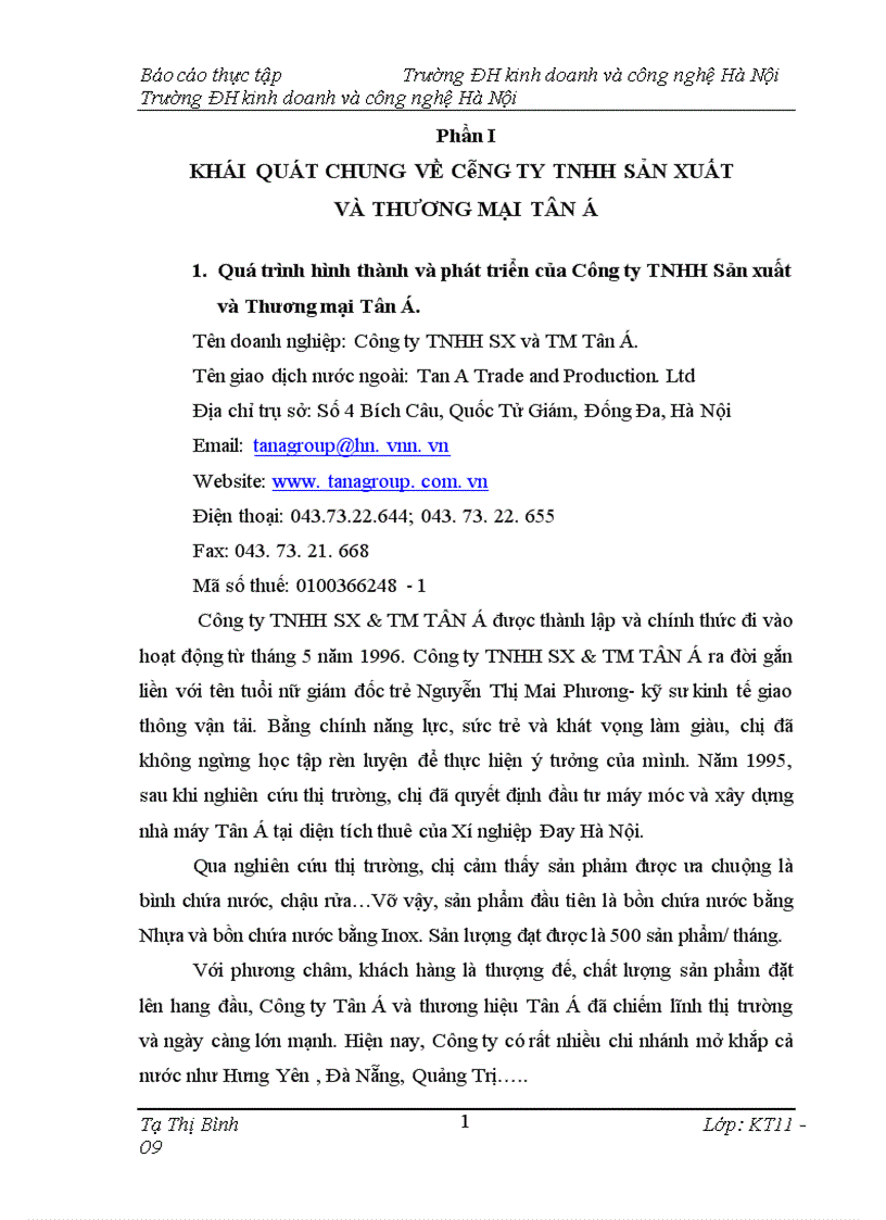 Báo Cáo Thực Tập Tổng Hợp Tại Công Ty TNHH SX TM TÂN Á