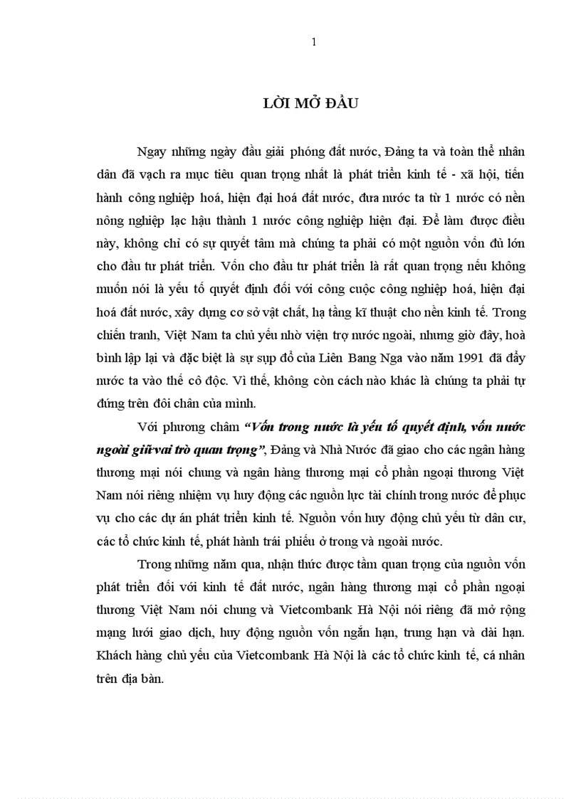 Giải pháp tăng cường huy động vốn tại ngân hàng Thương mại Cổ phần ngoại thương Việt Nam Chi nhánh Hà Nội 1