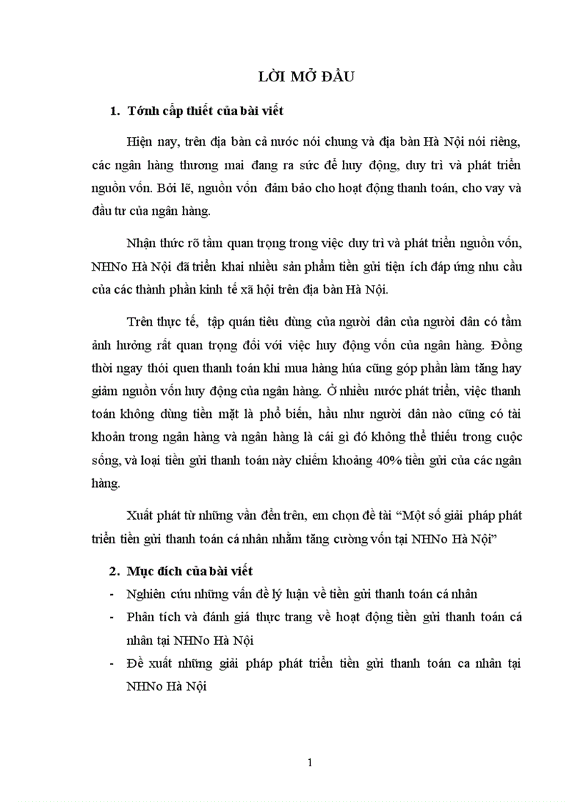 Một số giải pháp phát triển tiền gửi thanh toán cá nhân nhằm tăng cường vốn tại NHNo Hà Nội