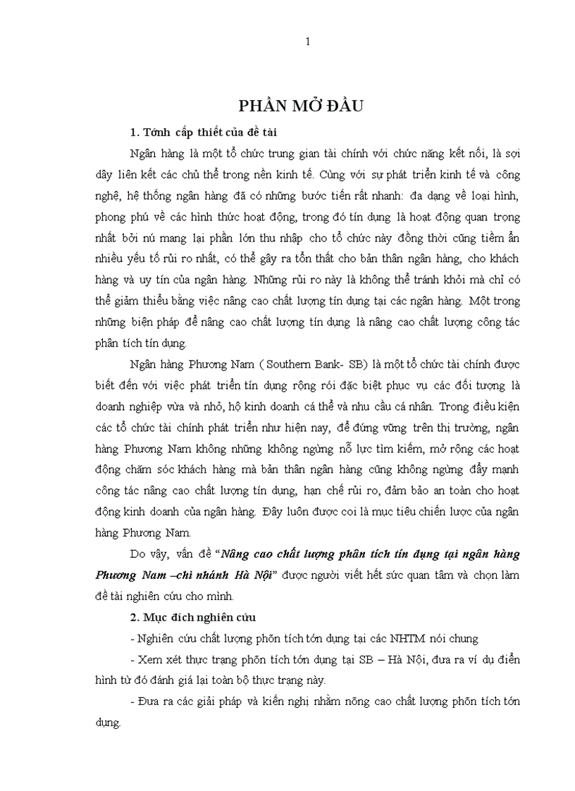 Nâng cao chất lượng phân tích tín dụng tại ngân hàng Phương Nam chi nhánh Hà Nội 1