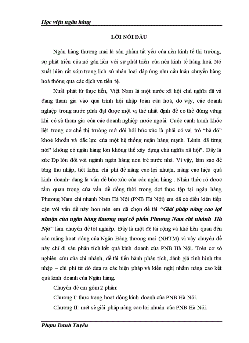 Giải pháp nâng cao lợi nhuận của ngân hàng thương mại cổ phần Phương Nam chi nhánh Hà Nội 1