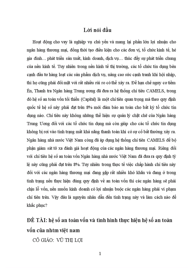 hệ số an toàn vốn và tình hình thực hiện hệ số an toàn vốn của nhtm việt nam 1