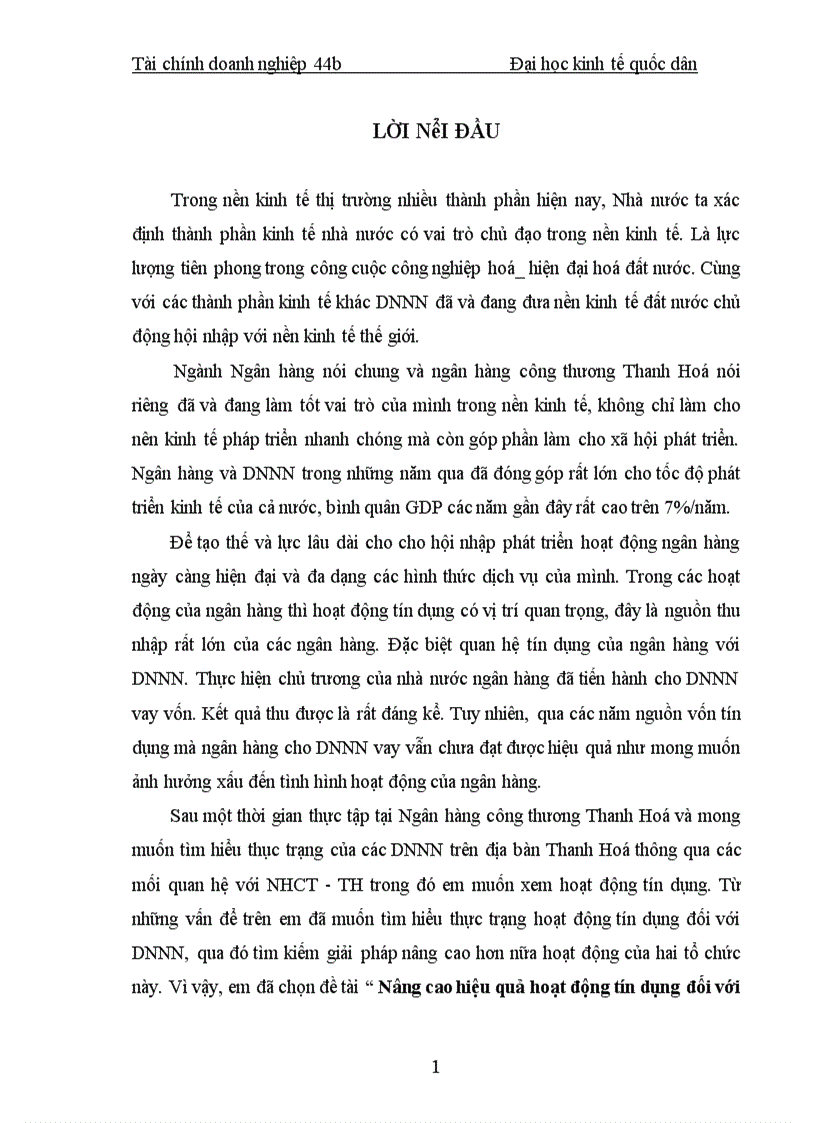 Nâng cao hiệu quả hoạt động tín dụng đối với DNNN tại ngân hàng công thương Thanh Hoá 1
