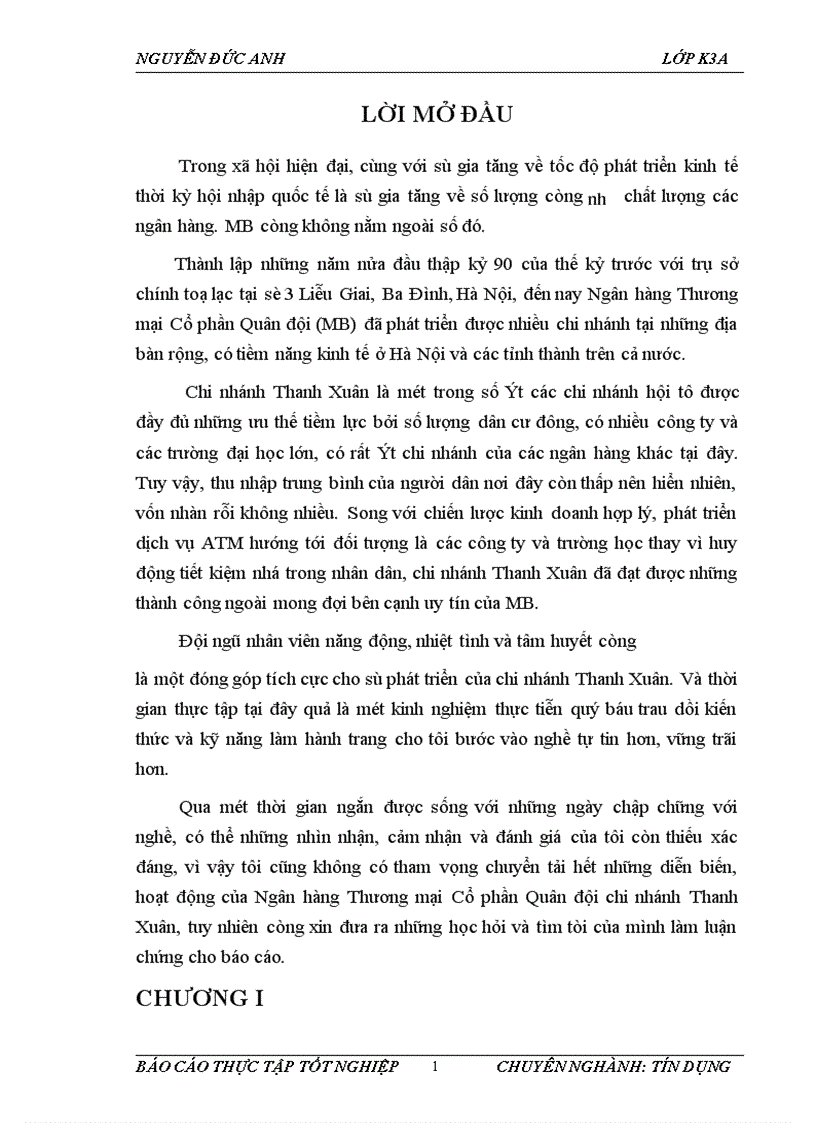 Báo cáo thực tập tổng hợp tại Ngân hàng thương mại Cổ phần Quân đội Chi nhánh Thanh Xuân