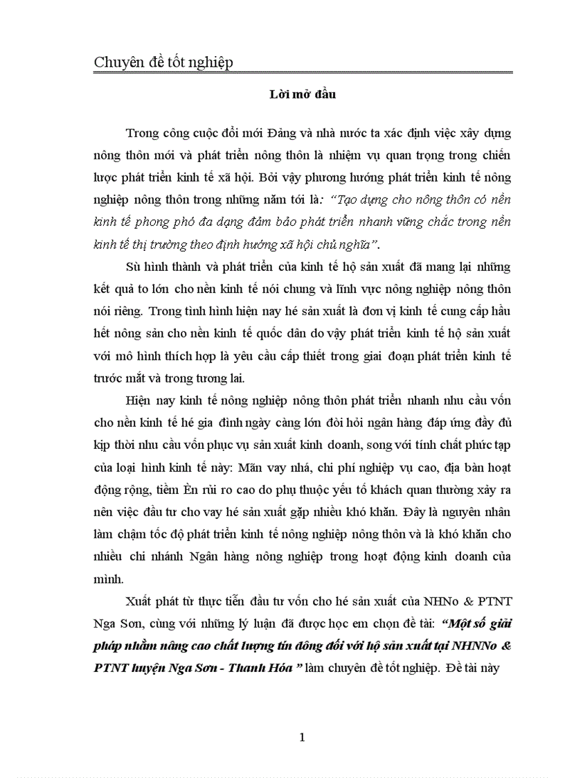 Một số giải pháp nhằm nâng cao chất lượng tín dụng đối với hộ sản xuất tại NHNNo PTNT huyện Nga Sơn Thanh Hóa 1