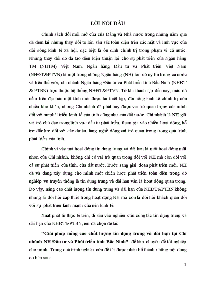Giải pháp nâng cao chất lượng tín dụng trung và dài hạn tại Chi nhánh NH Đầu tư và Phát triển tỉnh Bắc Ninh 1