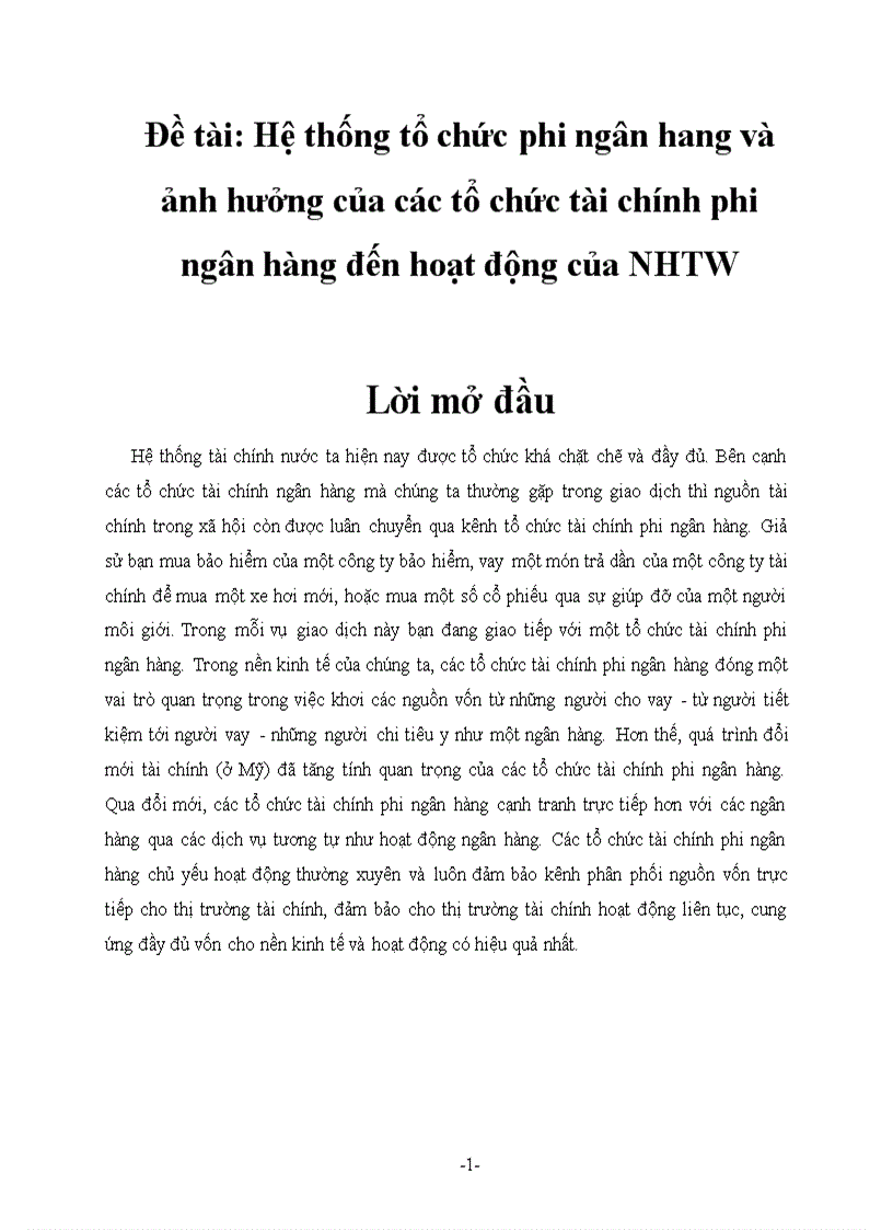 Hệ thống tổ chức phi ngân hang và ảnh hưởng của các tổ chức tài chính phi ngân hàng đến hoạt động của NHTW