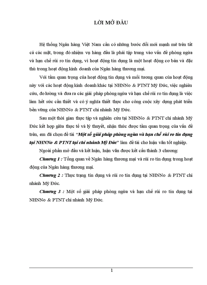 Một số giải pháp phòng ngừa và hạn chế rủi ro tín dụng tại NHNNo PTNT tại chi nhánh Mỹ Đức