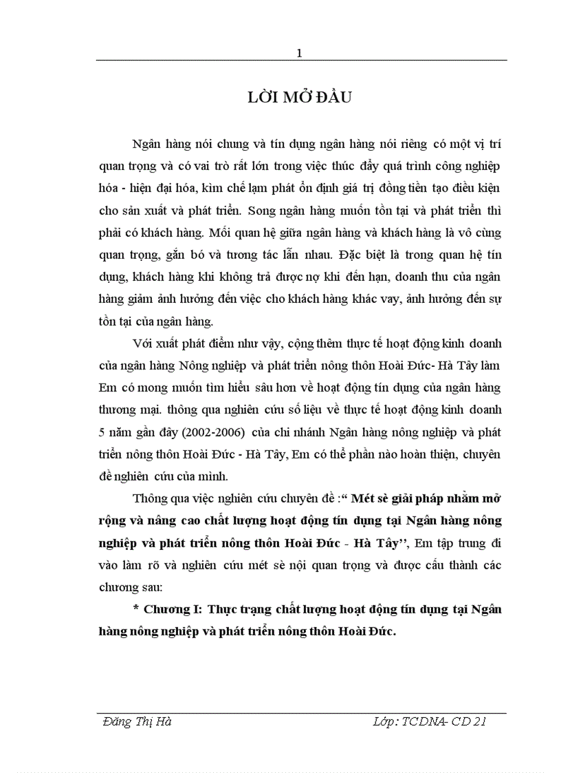 Một số giải pháp nhằm mở rộng và nâng cao chất lượng hoạt động tín dụng tại Ngân hàng nông nghiệp và phát triển nông thôn Hoài Đức Hà Tây 1
