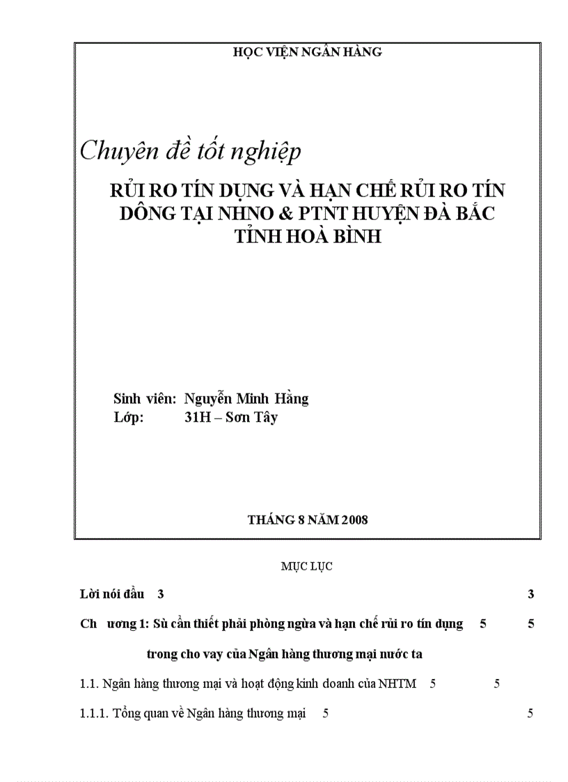 Rủi ro tín dụng và hạn chế rủi ro tín dụng tại Ngân Hàng nông nghiệp và phát triển nông thôn huyện Đà Bắc tỉnh Hòa Bình