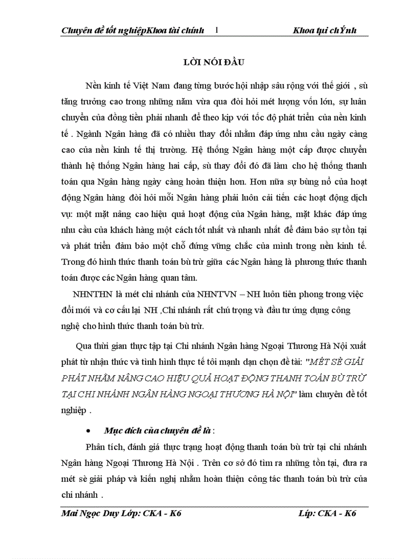 Một số giải phát nhằm nâng cao hiệu quả hoạt động thanh toán bù trừ tại chi nhánh ngân hàng ngoại thương Hà Nội 1
