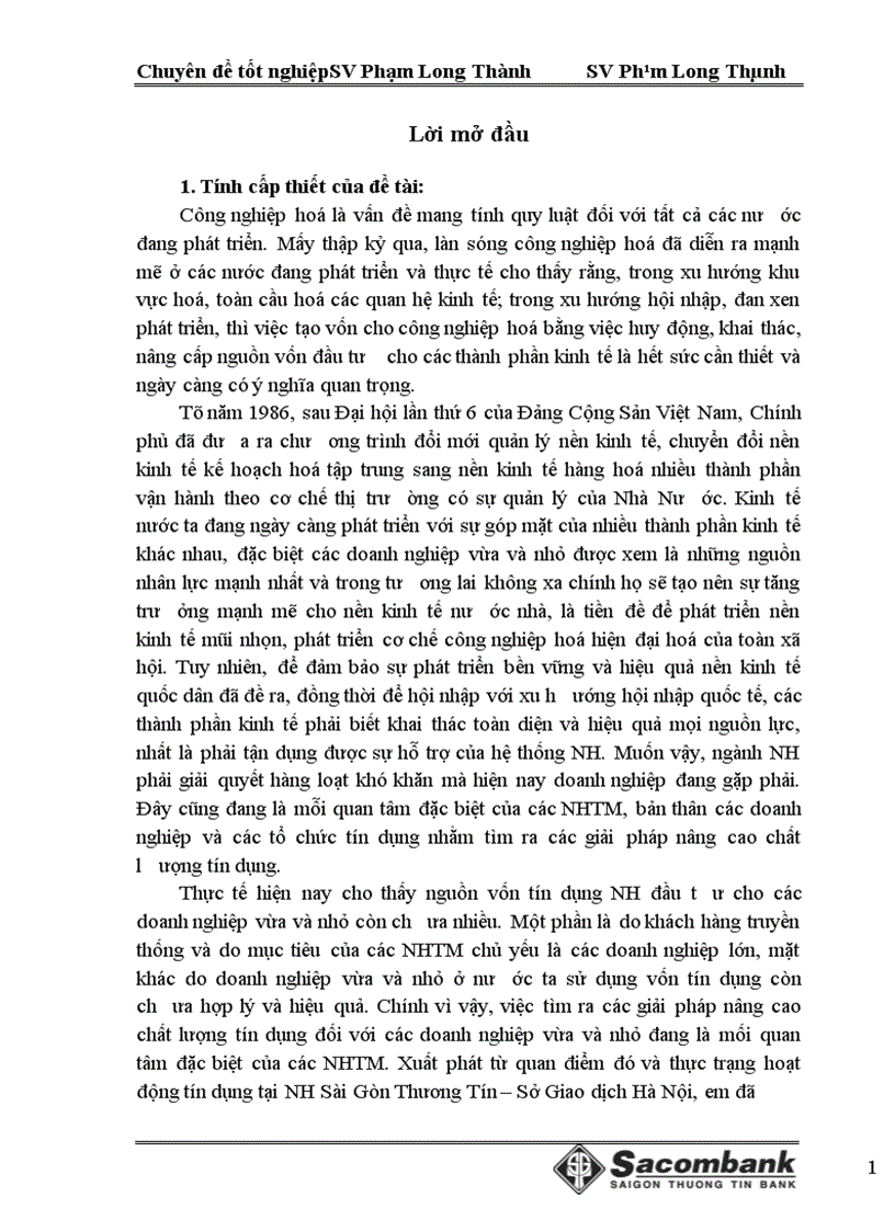 Giải pháp nâng cao chất lượng tín dụng cho doanh nghiệp vừa và nhỏ tại NH Sài Gòn Thương Tín Sở Giao dịch Hà Nội 1