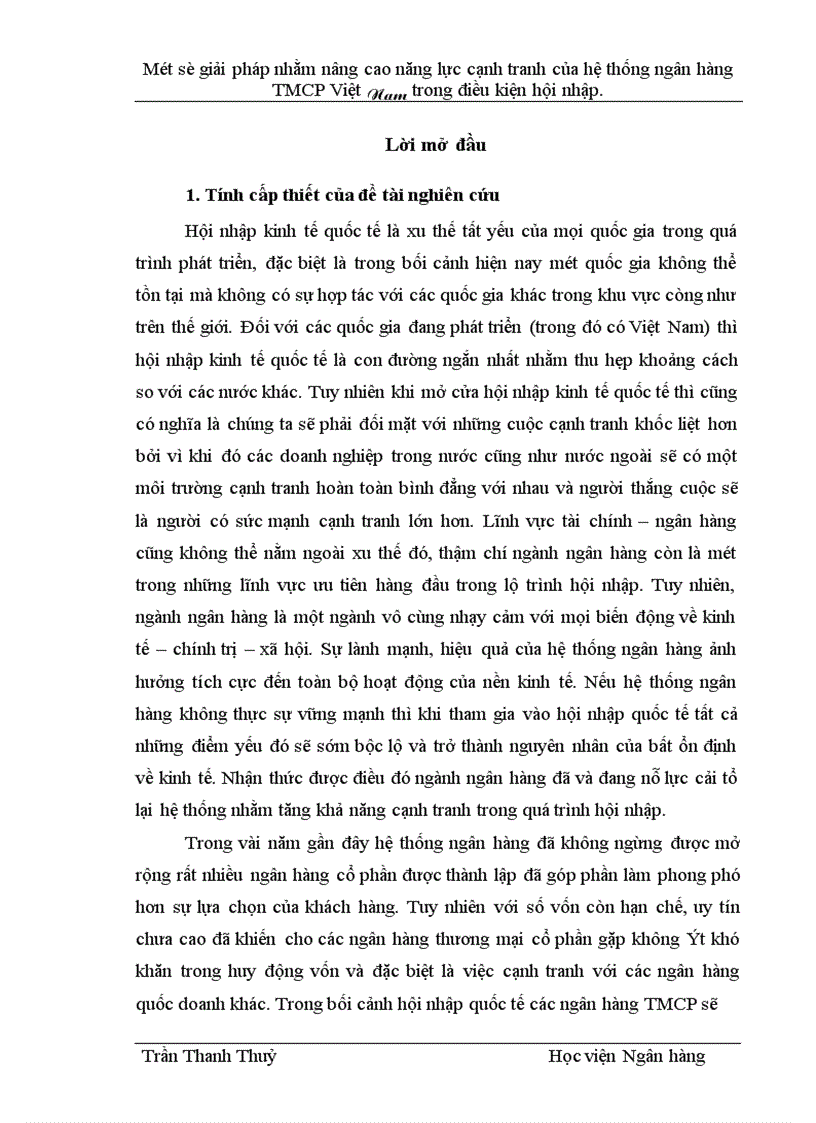 Một số giải pháp nhằm nâng cao năng lực cạnh tranh của hệ thống ngân hàng TMCP Việt Nam trong điều kiện hội nhập