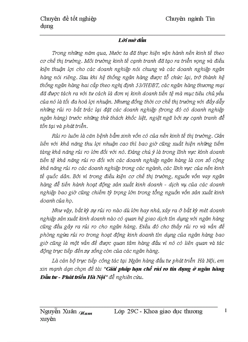 Giải pháp hạn chế rủi ro tín dụng ở ngân hàng Đầu tư Phát triển Hà Nội 1