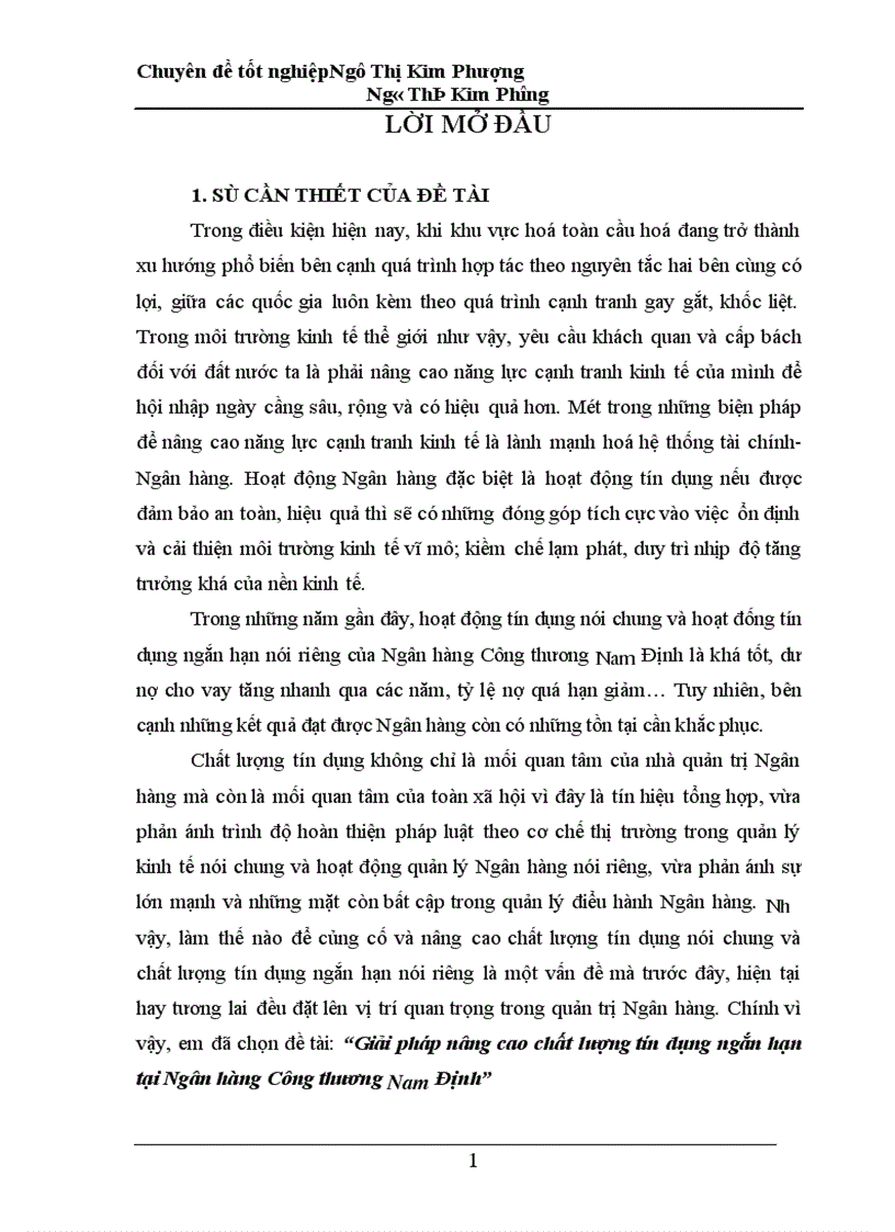 Giải pháp nâng cao chất lượng tín dụng ngắn hạn tại Ngân hàng Công thương Nam Định 1