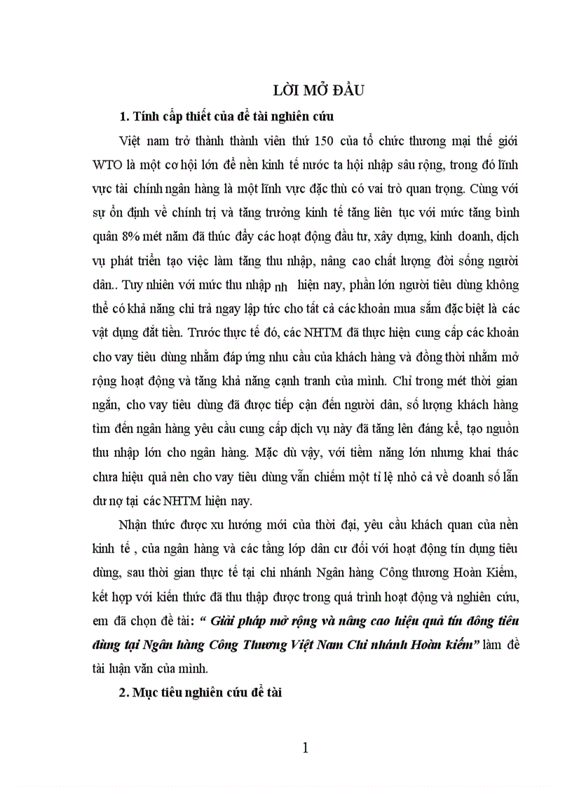 Giải pháp mở rộng và nâng cao hiệu quả tín dụng tiêu dùng tại Ngân hàng Công Thương Việt Nam Chi nhánh Hoàn kiếm 1