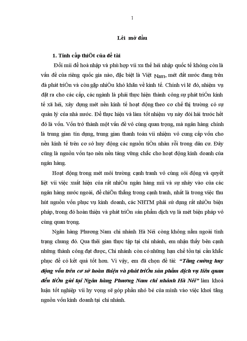 Tăng cường huy động vốn trên cơ sở hoàn thiện và phát triển sản phẩm dịch vụ liên quan đến tiền gửi tại Ngân hàng Phương Nam chi nhánh Hà Nội 1