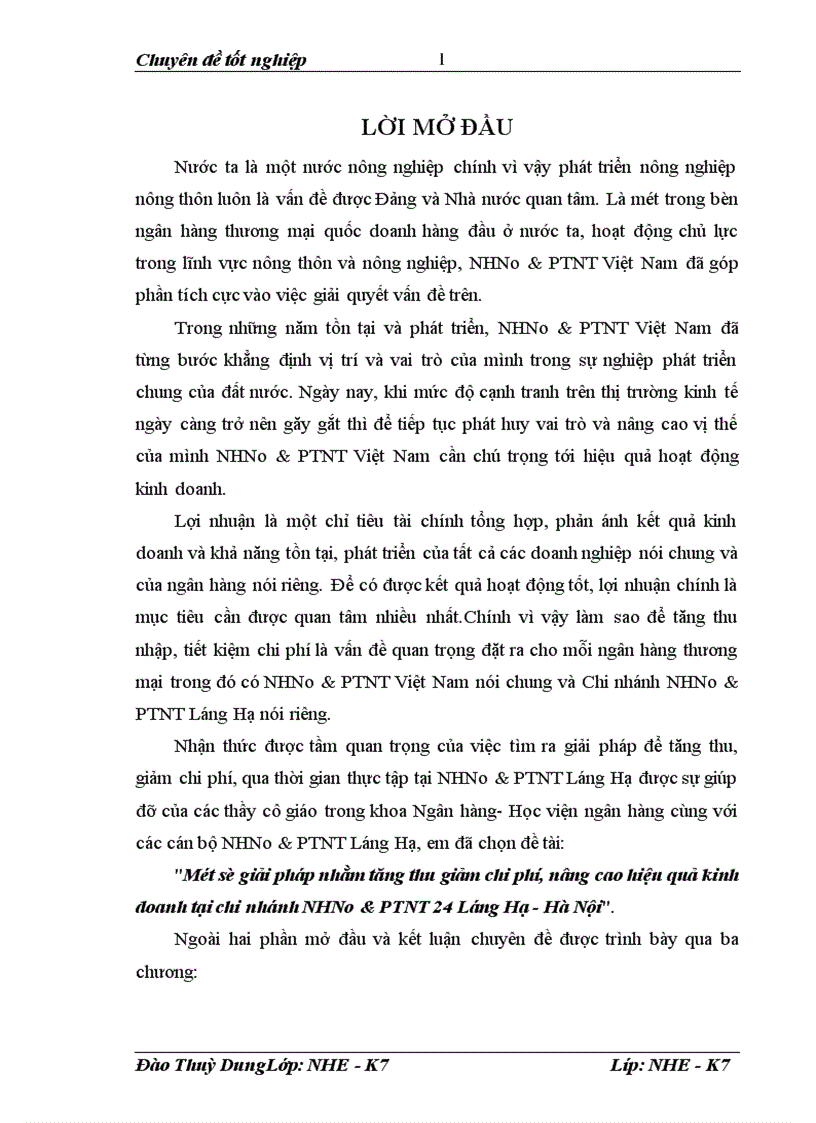 Một số giải pháp nhằm tăng thu giảm chi phí nâng cao hiệu quả kinh doanh tại chi nhánh NHNo PTNT 24 Láng Hạ Hà Nội 1