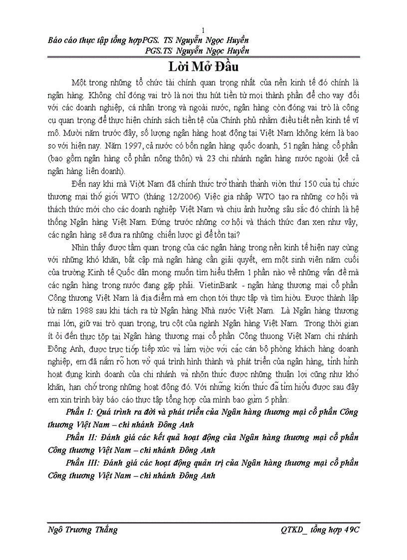 Báo cáo thực tập tổng hợp tại Ngân hàng thương mại cổ phần Công thương Việt Nam chi nhánh Đông Anh