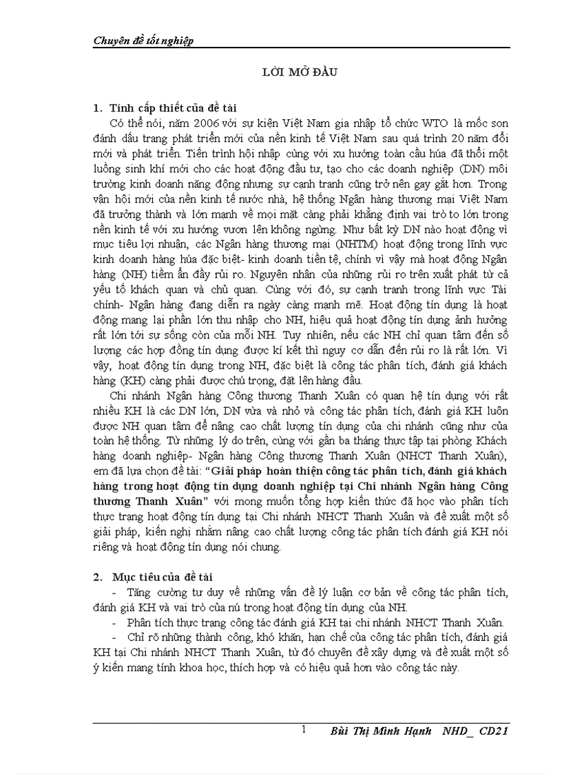 Giải pháp hoàn thiện công tác phân tích đánh giá khách hàng trong hoạt động tín dụng doanh nghiệp tại Chi nhánh Ngân hàng Công thương Thanh Xuân 1
