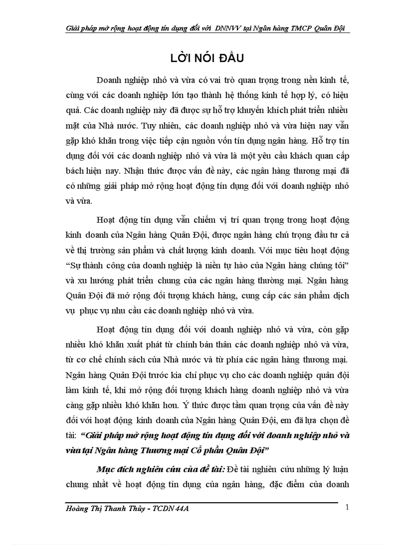 Giải pháp mở rộng hoạt động tín dụng đối với doanh nghiệp nhỏ và vừa tại Ngân hàng Thương mại Cổ phần Quân Đội 1