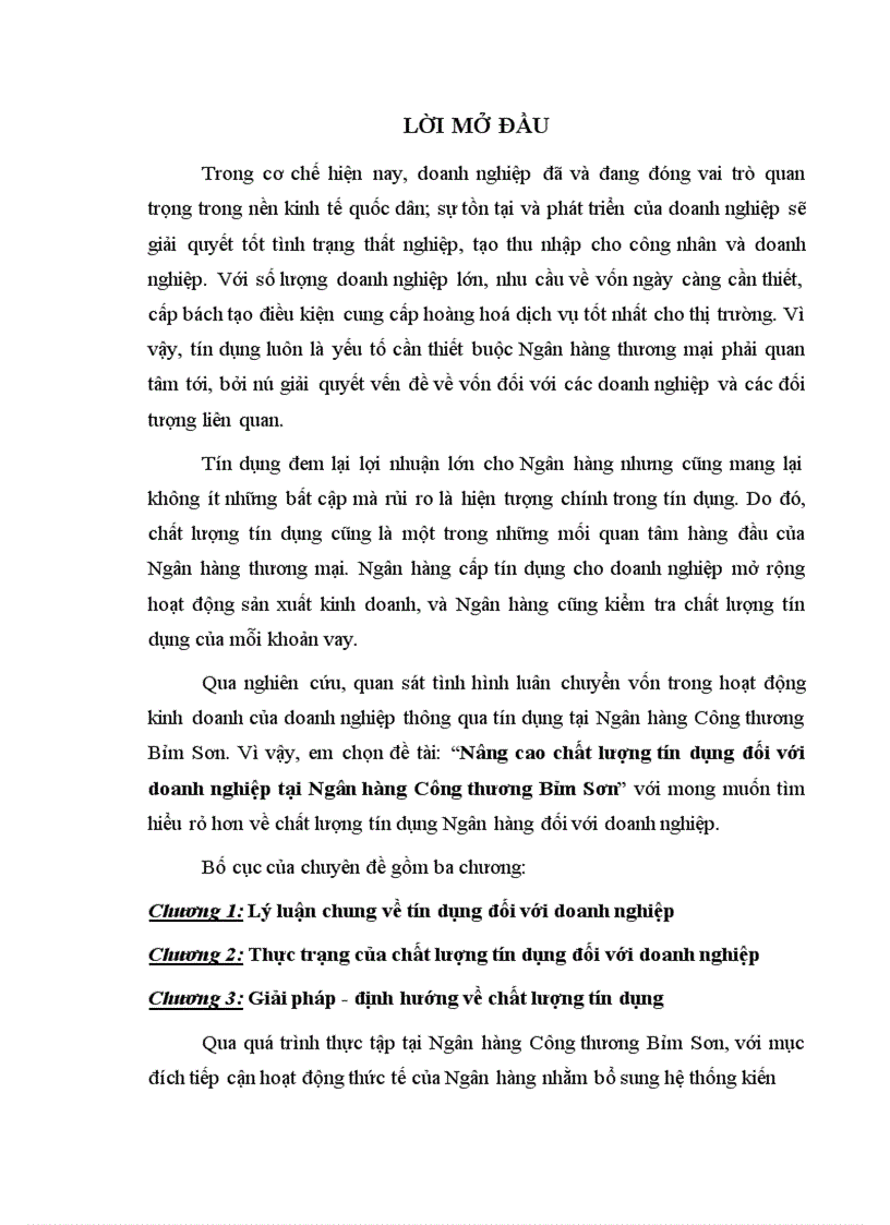 Nâng cao chất lượng tín dụng đối với doanh nghiệp tại Ngân hàng Công thương Bỉm Sơn 1