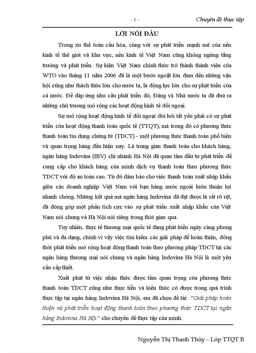 Giải pháp hoàn thiện và phát triển hoạt động thanh toán theo phương thức TDCT tại ngân hàng Indovina Hà Nội