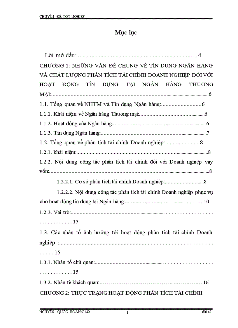 Hoàn thiện công tác phân tích tài chính Doanh nghiệp phục vụ cho hoat động tín dụng tại Ngân hàng Công Thương Thanh Xuân 1