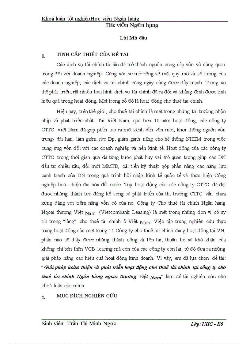 Giải pháp hoàn thiện và phát triển hoạt động cho thuê tài chính tại công ty cho thuê tài chính Ngân hàng ngoại thương Việt Nam 1