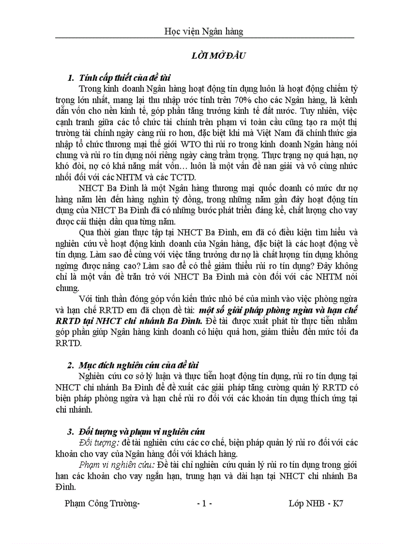 Một số giải pháp phòng ngừa và hạn chế RRTD tại NHCT chi nhánh Ba Đình