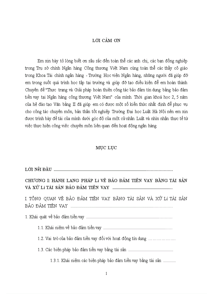 Thực trạng và Giải pháp hoàn thiện công tác bảo đảm tín dụng bằng bảo đảm tiền vay tại Ngân hàng Công thương Việt Nam 1