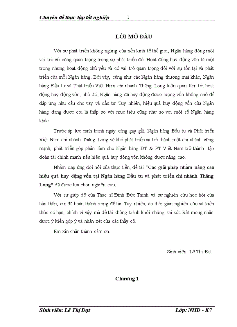 Các giải pháp nhằm nâng cao hiệu quả huy động vốn tại Ngân hàng Đầu tư và phát triển chi nhánh Thăng Long 1
