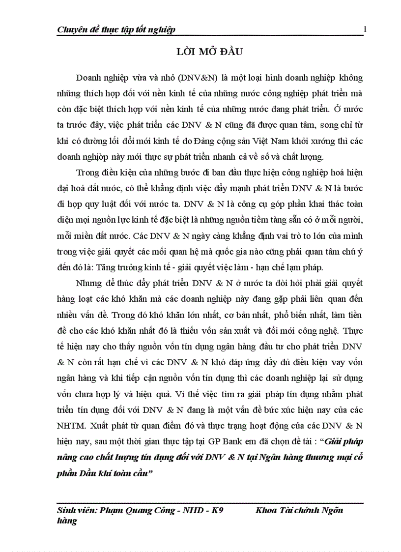 Giải pháp nâng cao chất lượng tín dụng đối với DNV N tại Ngân hàng thương mại cổ phần Dầu khí toàn cầu 1
