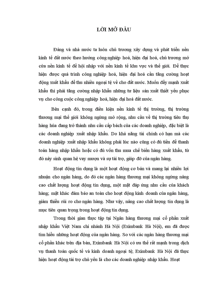Nâng cao chất lượng hoạt động tín dụng nhập khẩu tại Ngân hàng thương mại cổ phần xuất nhập khẩu Việt Nam chi nhánh Hà Nội Eximbank Hà Nội 1