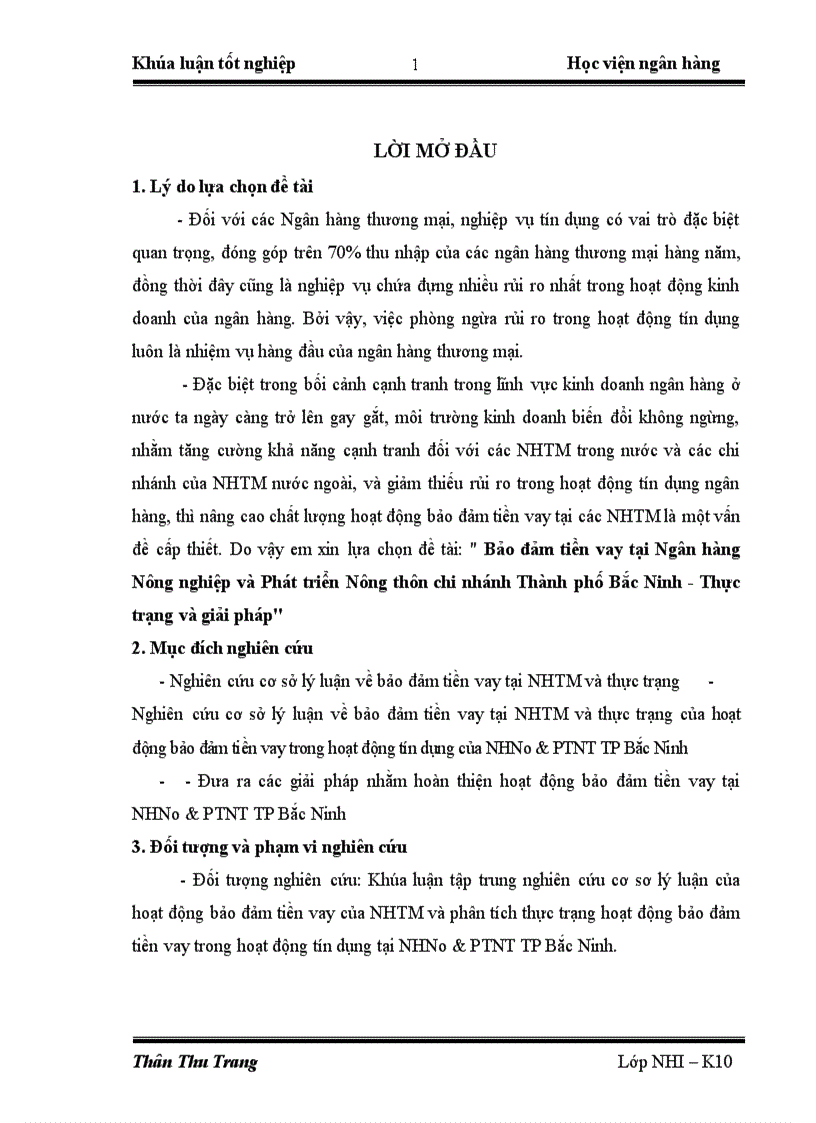 Bảo đảm tiền vay tại Ngân hàng Nông nghiệp và Phát triển Nông thôn chi nhánh Thành phố Bắc Ninh Thực trạng và giải pháp 1