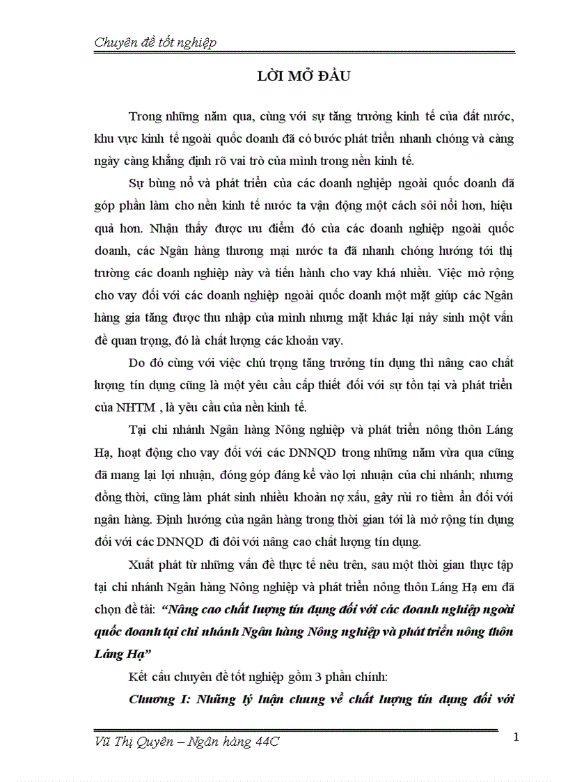 Nâng cao chất lượng tín dụng đối với các doanh nghiệp ngoài quốc doanh tại chi nhánh Ngân hàng Nông nghiệp và phát triển nông thôn Láng Hạ 1