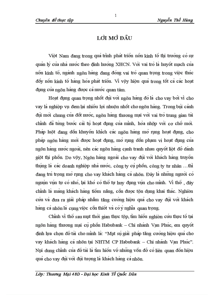 Mô t sô gia i pha p tăng cươ ng hiê u qua cho vay kha ch ha ng ca nhân ta i NHTM CP Habubank Chi nha nh Va n Phu c