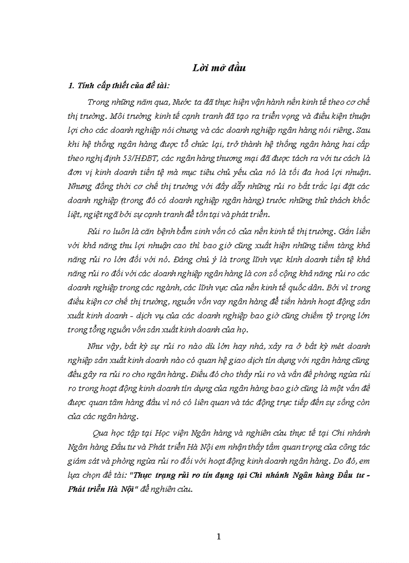 Thực trạng rủi ro tín dụng tại Chi nhánh Ngân hàng Đầu tư Phát triển Hà Nội 1