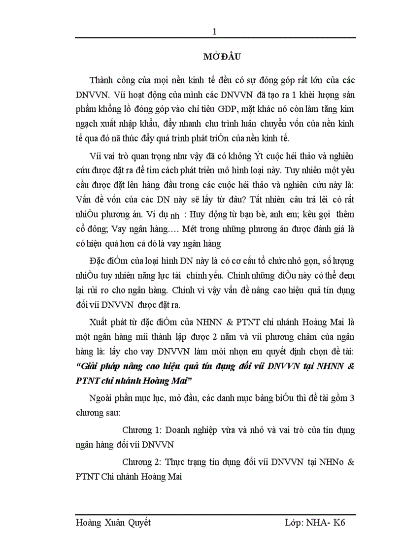 Giải pháp nâng cao hiệu quả tín dụng đối với DNVVN tại NHNN PTNT chi nhánh Hoàng Mai 1