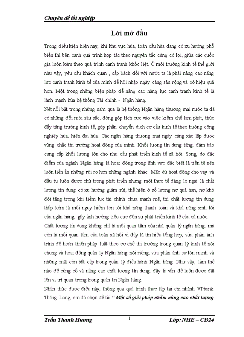 Một số giải pháp nhằm nâng cao chất lượng tín dụng tại chi nhánh VPbank Thăng Long