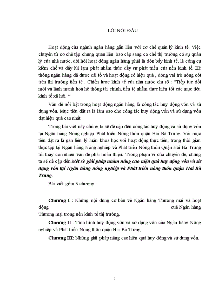 Một số giải pháp nhằm nâng cao hiệu quả huy động vốn và sử dụng vốn tại Ngân hàng nông nghiệp và Phát triển nông thôn quận Hai Bà Trưng 1