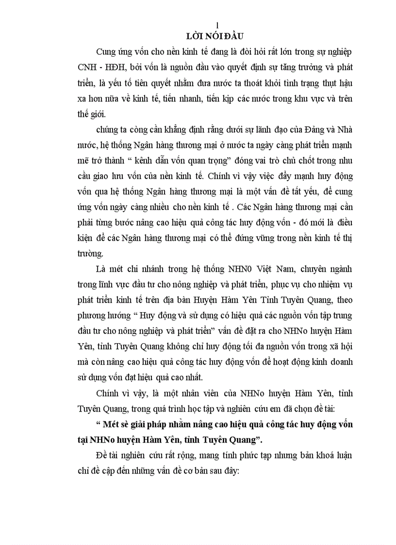 Một số giải pháp nhằm nâng cao hiệu quả công tác huy động vốn tại NHNo huyện Hàm Yên tỉnh Tuyên Quang 1