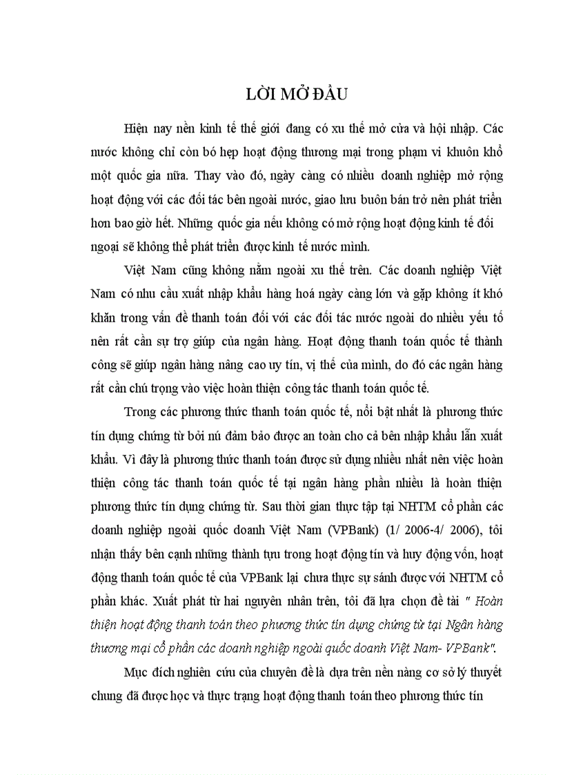 Hoàn thiện hoạt động thanh toán theo phương thức tín dụng chứng từ tại Ngân hàng thương mại cổ phần các doanh nghiệp ngoài quốc doanh Việt Nam VPBank 1